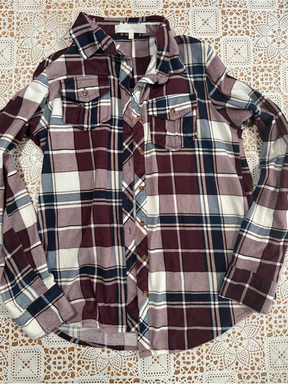 Eden & Olivia Plaid Button Front Flannel Shirt Burgundy Blue Medium